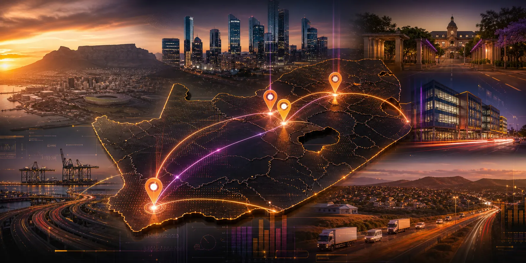 South Africa's cities, ports and transport corridors connected by a network of light, representing a technologically enabled African economy.