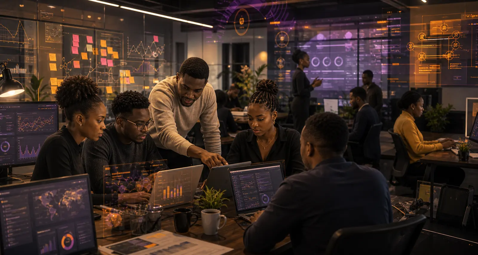 A BikoToday delivery team working through live client operations together on laptops in an open-plan workspace.