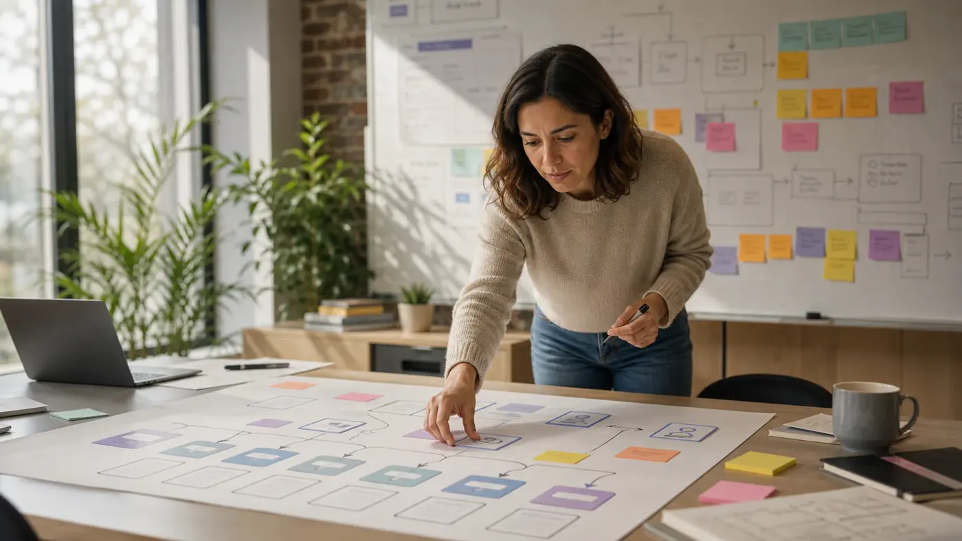 A business analyst mapping how information moves between systems and teams across a large workflow diagram.