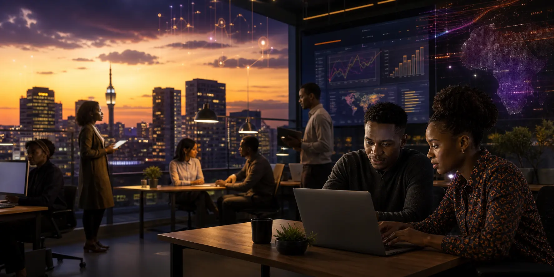 A BikoToday team working together in a Johannesburg workspace at dusk, with live delivery and performance dashboards on screen behind them.
