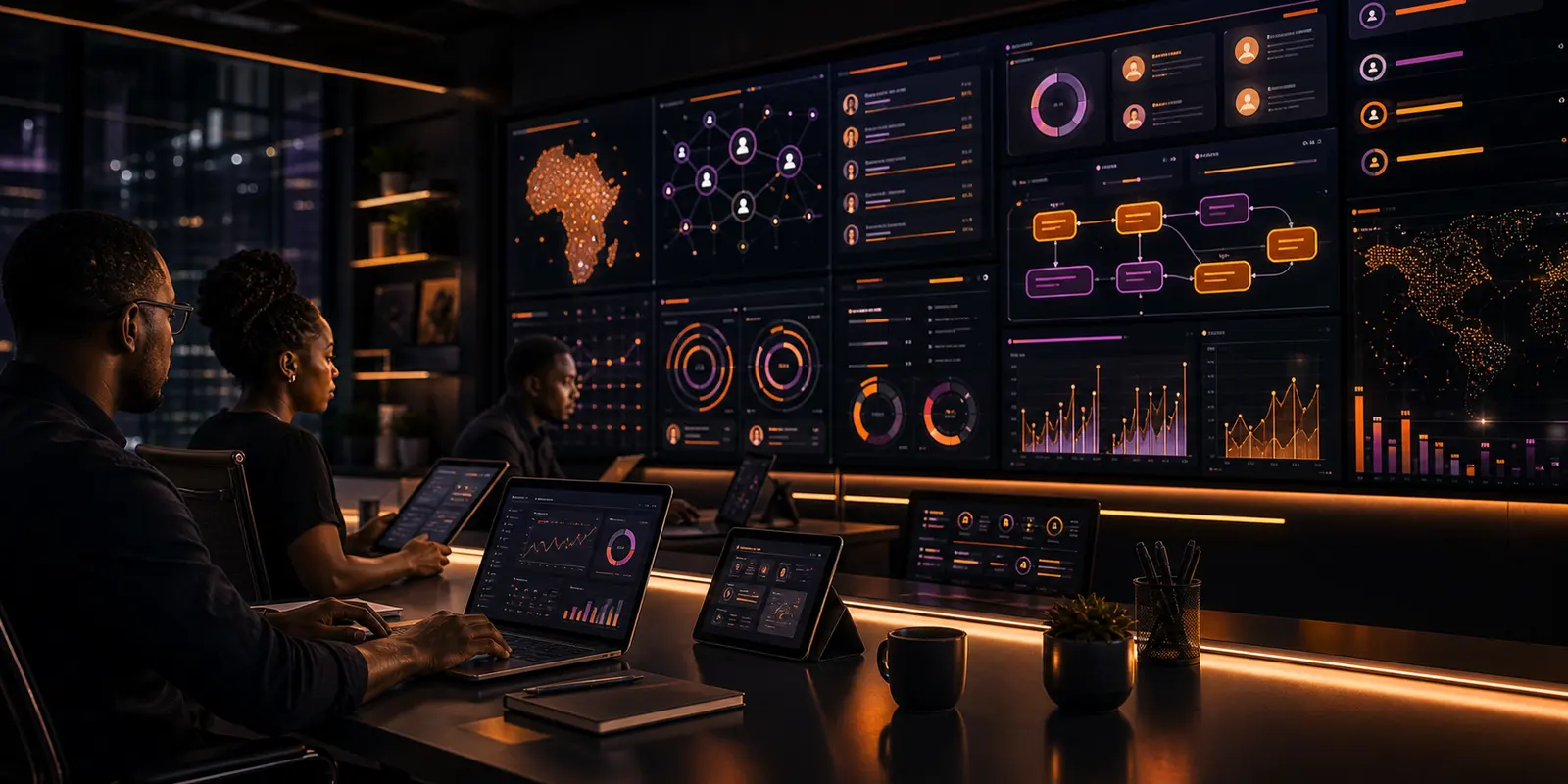A BikoToday operations team monitoring delivery, workforce distribution and performance views across a wall of screens.