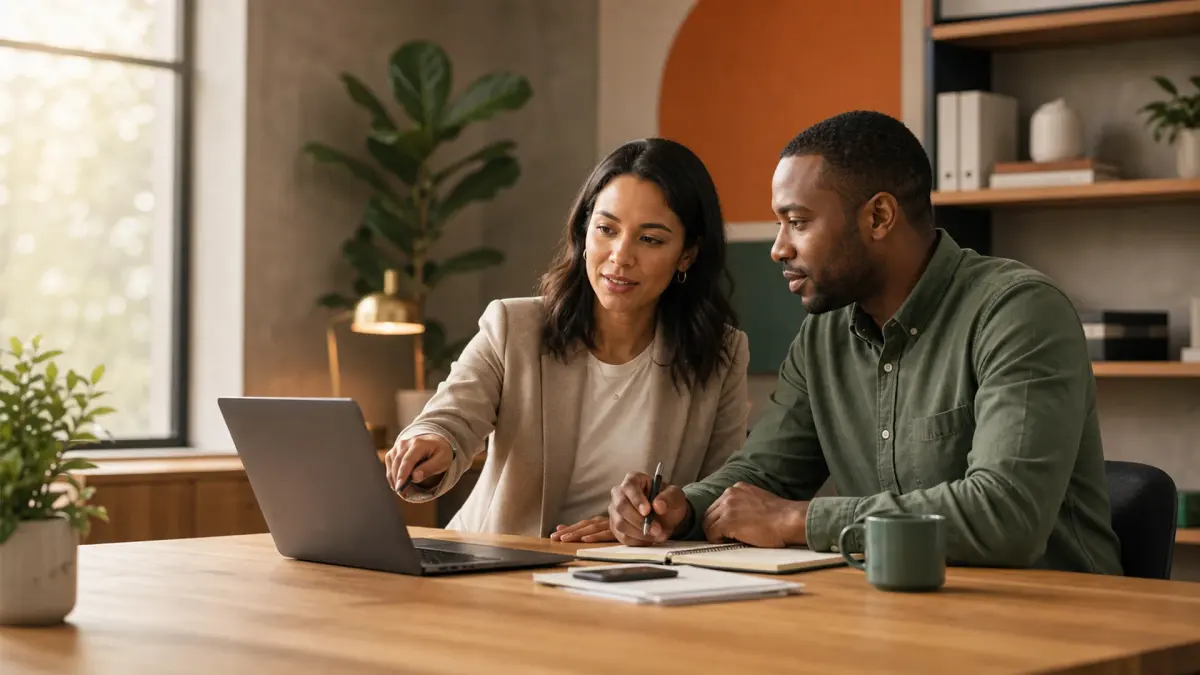 A BikoToday student and a business owner reviewing delivery together on a laptop.