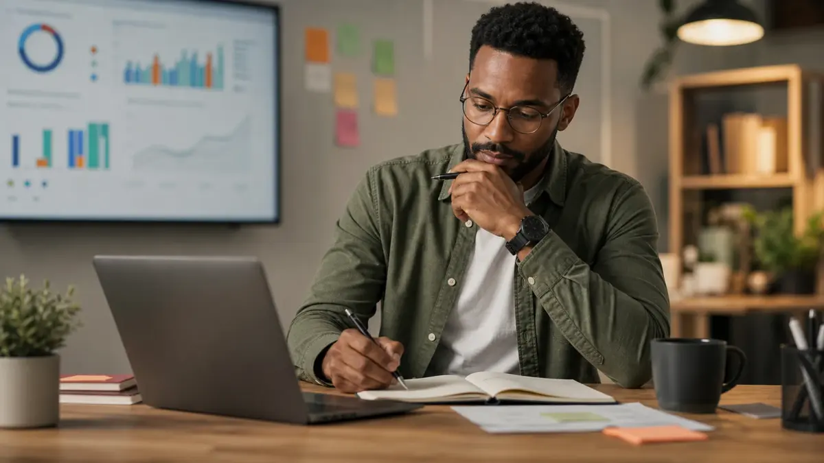 A young professional reviewing performance charts and making notes after completing client work.