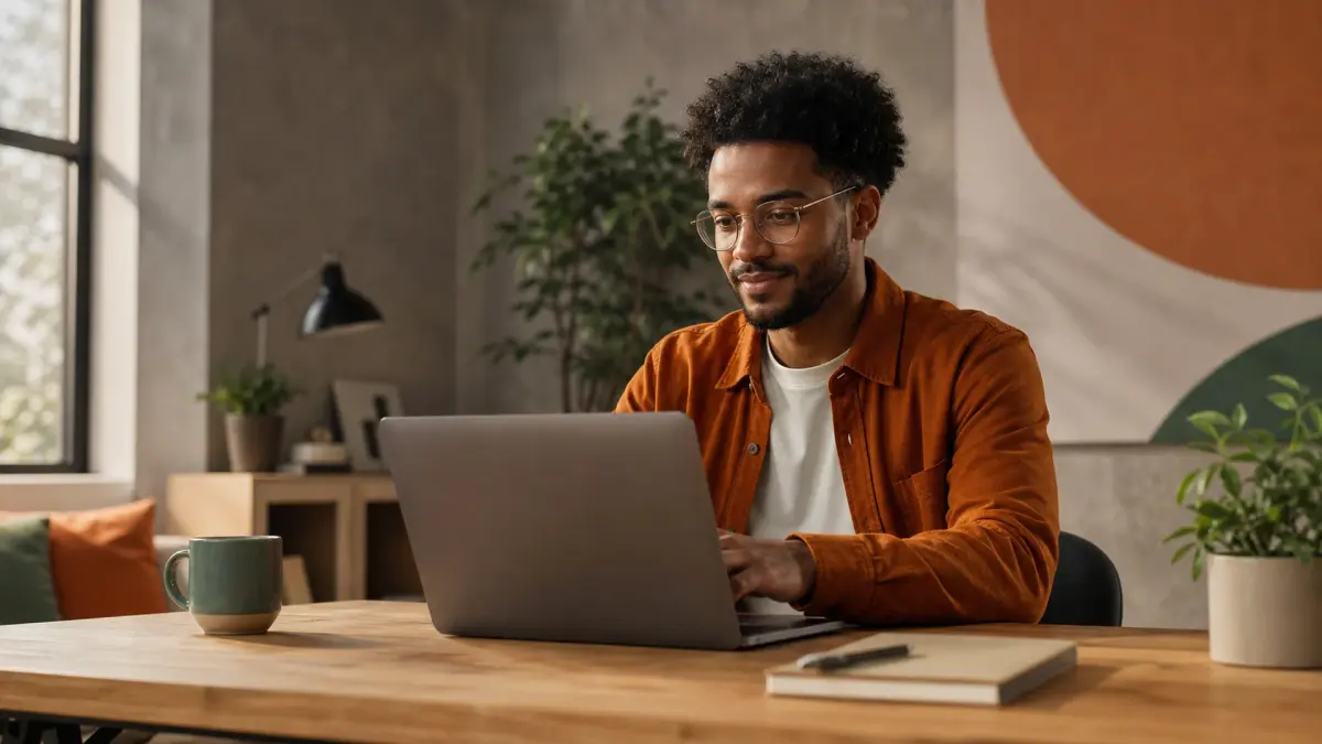 A student working through a practice brief on a laptop at a quiet desk.