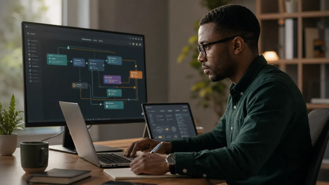 A BikoToday team member reviewing a structured workflow on screen after a spoken brief.
